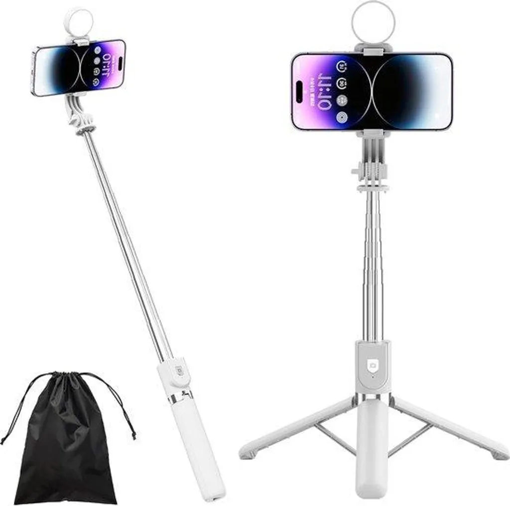 Trépied Selfie 4-en-1 Blanc avec Éclairage LED et Télécommande Bluetooth