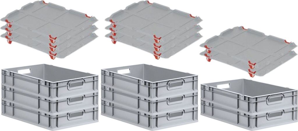 SuperSparSet 8x Eurobox NextGen Grip mit Auflagedeckel inkl. 4 roten Schiebeschnappverschlüssen | HxBxT 12x40x60cm | 23 Liter | Griffe offen | Gla...