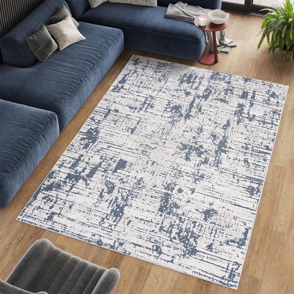 Teppich Wohnzimmer Schlafzimmer Kurzflor Modern Meliert Vintage Creme Blau Ecru 140 x 200 cm