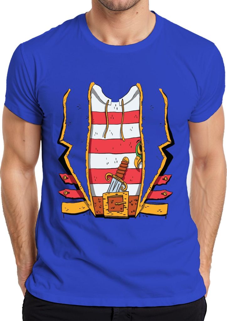 Seeräuber Pirat Dolch Gürtel gestreift Weste Karneval Vintage Herren T-Shirt, Blau, 3XL