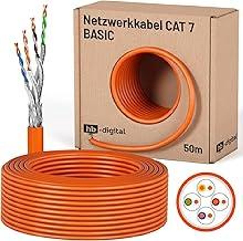HB-DIGITAL 50m CAT 7 Netzwerkkabel LAN Kabel Verlegekabel Ethernet Installationskabel AWG23 10 Gbit/s S/FTP LSZH BauPVO Eca Datenkabel Simplex - Or...