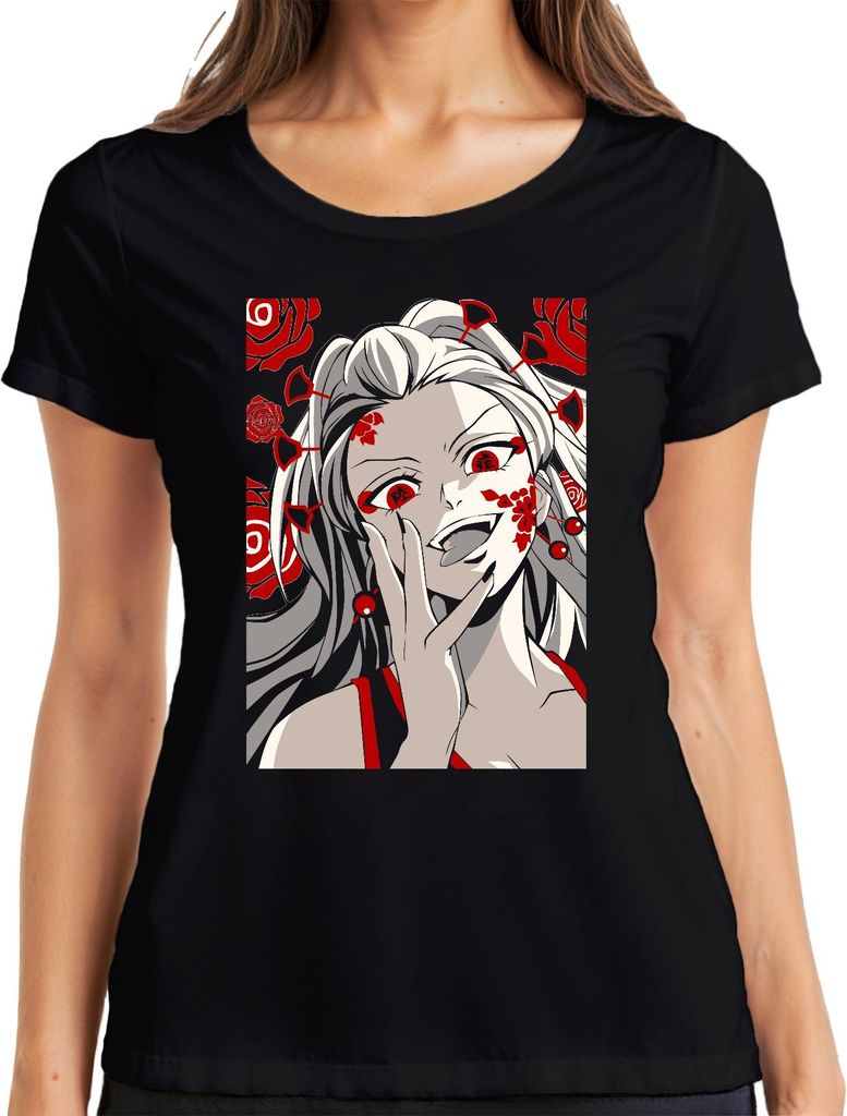 Yandere Anime Frau Rosen Rot Schwarz Gothic Horror Geschenk Damen T-Shirt, Schwarz, M