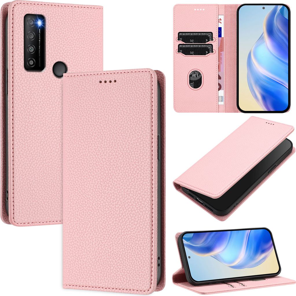 Litchi Leder Handyhülle für TCL 30 XL Wallet Kartenfächer Standfunktion Hülle Pink