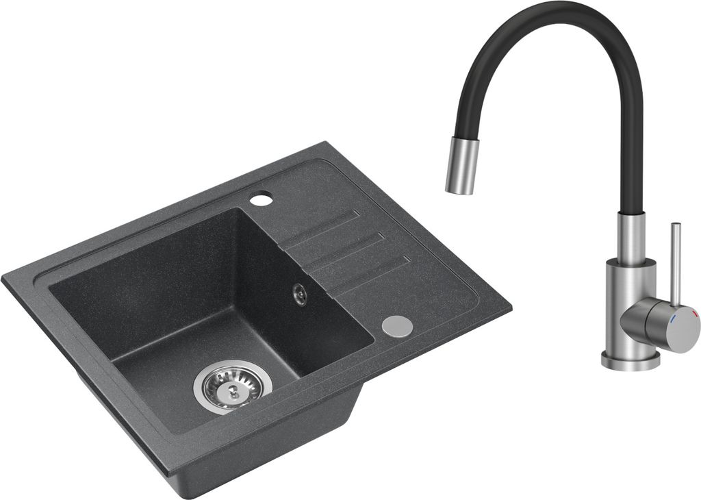 VBChome Spülbecken Granit Schwarz mit Armatur 55 x 44 cm Einzelbecken Einbauspüle Gesprenkelt Reversibel Granitspüle Siphon Waschbecken Armatur