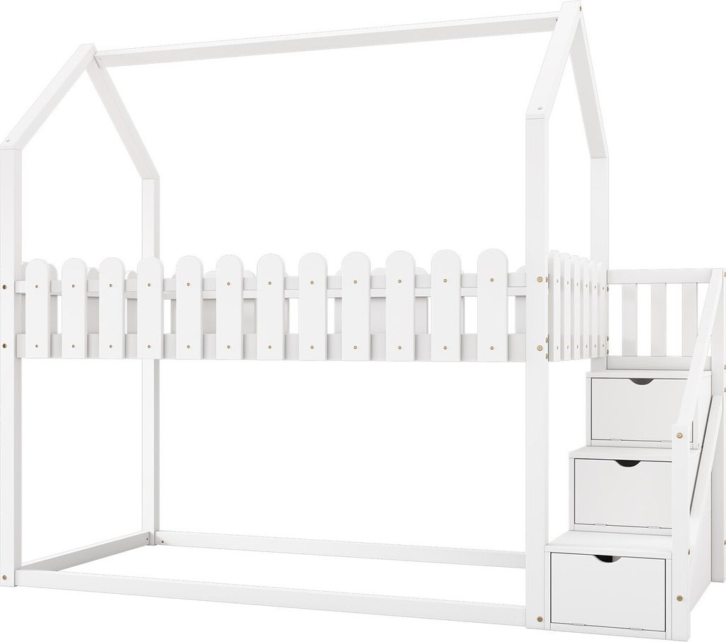 Kinderbett(Weiss)90*200,Etagenbett, mit 3 Treppen, mit 3 Ablagefächer, mit Zaundekor, massivholz, Ohne Matratze