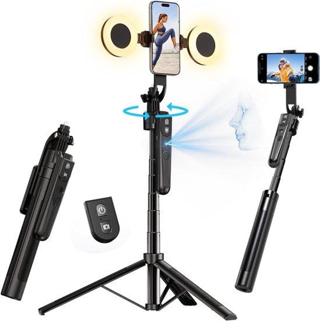 Automatisches Selfie-Stativ mit Licht, ohne App, 360° drehbar, 180 cm Smartphone-Halter mit Bewegungssensor, klapbare Kamerastativ-Unterstützung