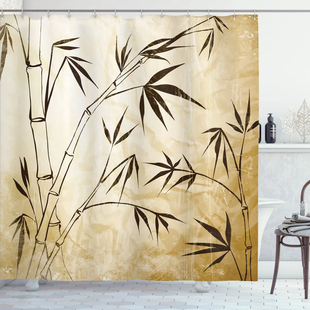 ABAKUHAUS Tenda da doccia in bambù, sfumatura di colore Bambù Flessibilità Struttura radicolare complessa Immagine stabile Viaggiatori Tessuto Set decorativo per bagno con ganci, 175x220 cm, marrone crema - 2