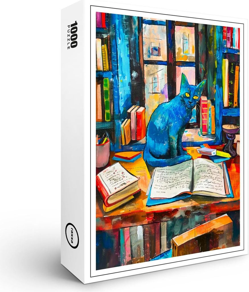 raxxa Premium-Puzzle "Cat sitting Among Open Books on table", 1000 Teile