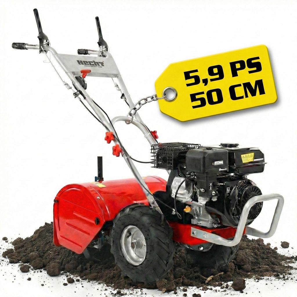 A red and silver rototiller is shown on a white background, partially embedded in soil. A yellow tag with text is attached to the handle.