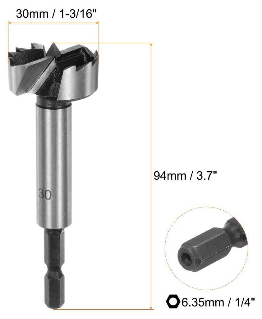 Forstner Bohrer 1-3/16" (30mm) Kohlenstoffstahl mit mehreren Z?hnen zum Bohren von Holz mit Scharnierfr?ser und 1/4" Sechskantschaft fš¹r Harthol...