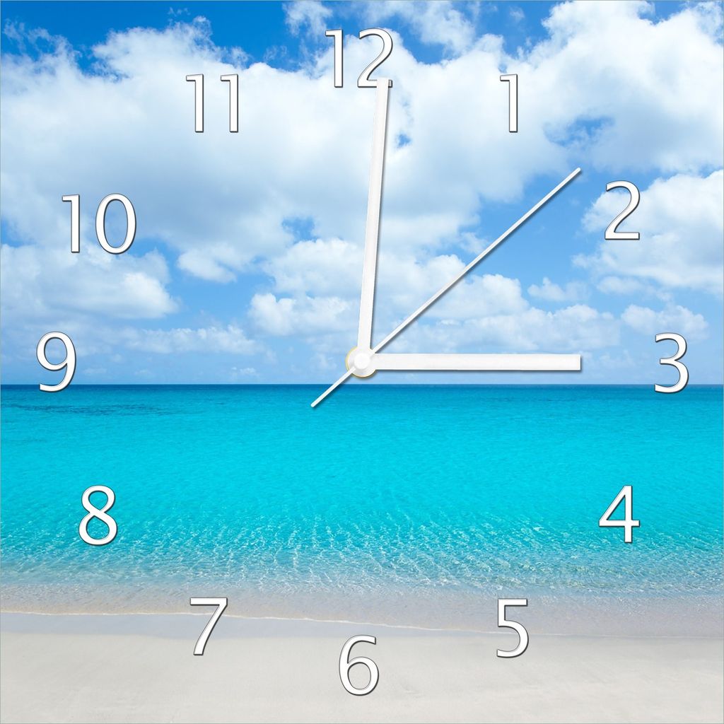 Wallario Design Wanduhr Sandstrand und blaues Meer aus Echtglas, Größe 30 x 30 cm