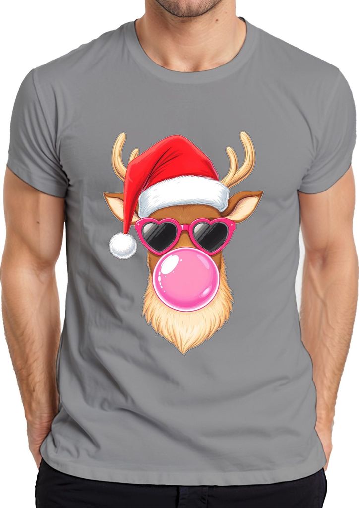 Weihnachtsrentier mit Kaugummi Herzbrille Weihnachtsmütze Cool Herren T-Shirt, Grau, 3XL