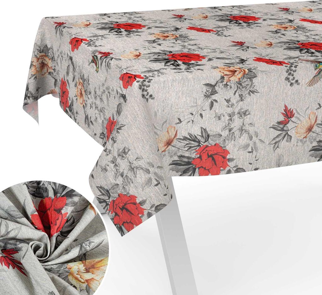 Tischdecke Wilde Rose aus Textil mit Blumen Pflanzen wasserabweisend Tischtuch Tischwäsche Aquarell Beige Breite 140cm Länge 240cm mit Schnittkante
