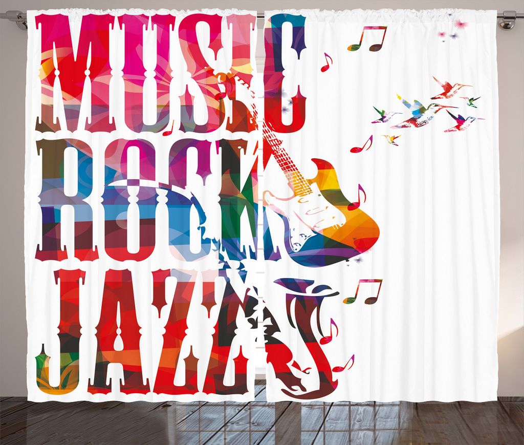 ABAKUHAUS Bunt Rustikaler Vorhang, Rock Jazz Schriftzug, Wohnzimmer Universalband Gardinen mit Schlaufen und Haken, 280 x 225 cm, Mehrfarbig