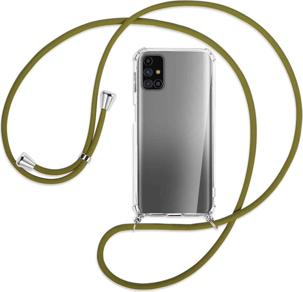 Handykette Backcover-Schutzhülle mit Band (Metall silberfarben) für Samsung Galaxy M31s - khaki