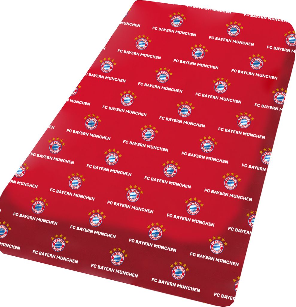 A red fabric product with a repeating pattern of the FC Bayern München logo and text.