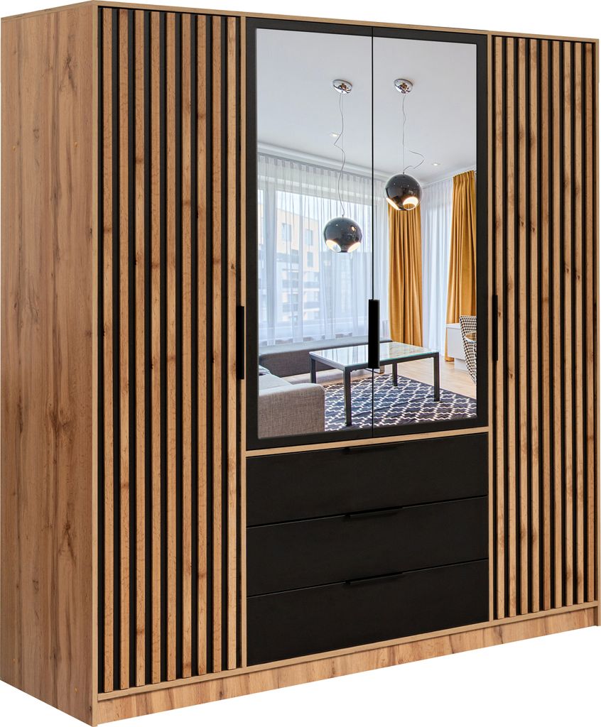 Albello Schrank mit Spiegel und Schubladen BARO, Schrank für Schlafzimmer, Großer Kleiderschrank, Schrank für Ankleidezimmer, Schwarz 196x57,5x2...