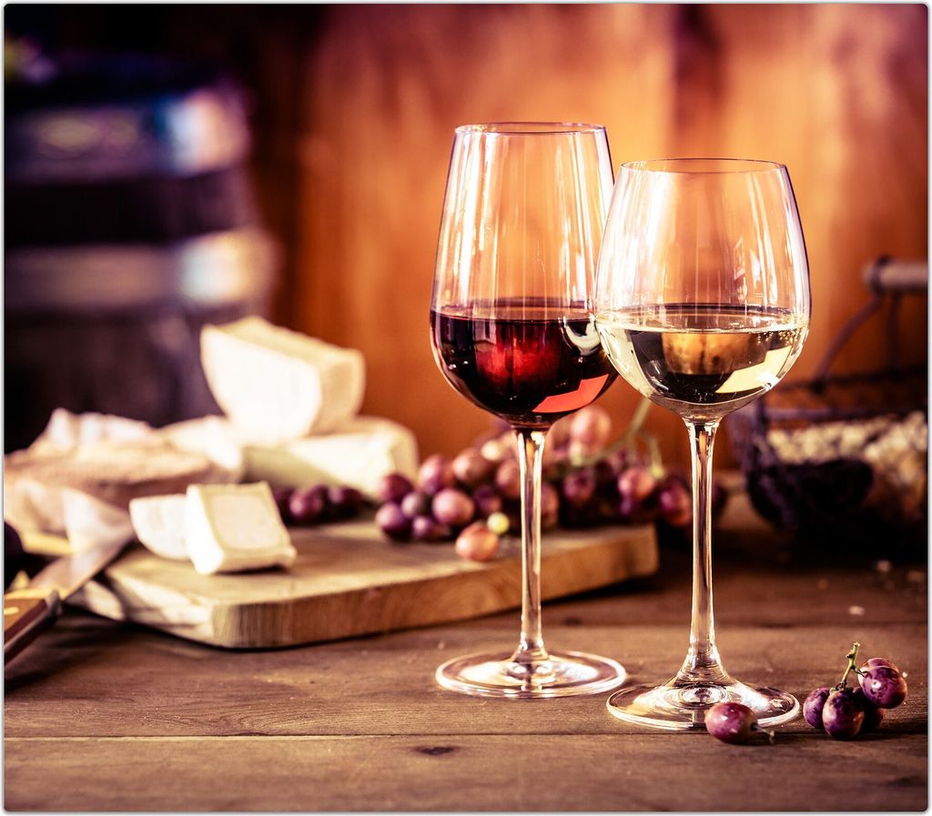 Spritzschutz Herdabdeckplatte Schneidebrett aus Glas Käseplatte und Wein 1-Teilig (60x52cm)