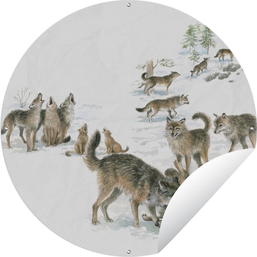 MuchoWow Gartenposter Outdoor-Poster Rund Wölfe - Schnee - Winter Ø 60 cm Gartendeko Rundes Poster draußen