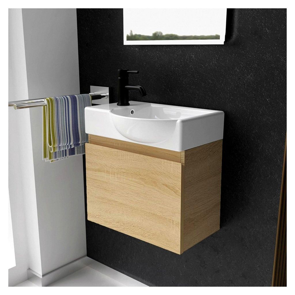 Waschtisch mit Unterschrank | Gäste WC Waschbecken Klein 45 cm Breit | Keramik Aufsatzwaschbecken und Waschbeckenunterschrank | Hängendes Badmöb...
