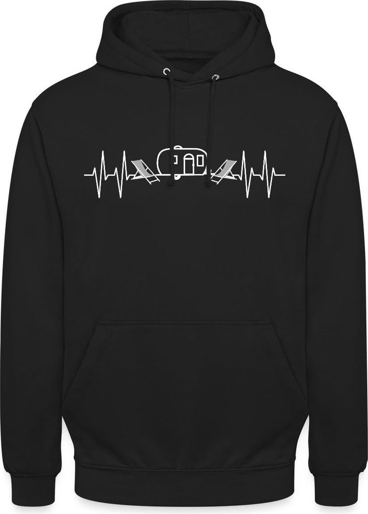 Spreadshirt Herzschlag EKG Camping Wohnwagen Liegestühle Uni Hoodie, S, Schwarz