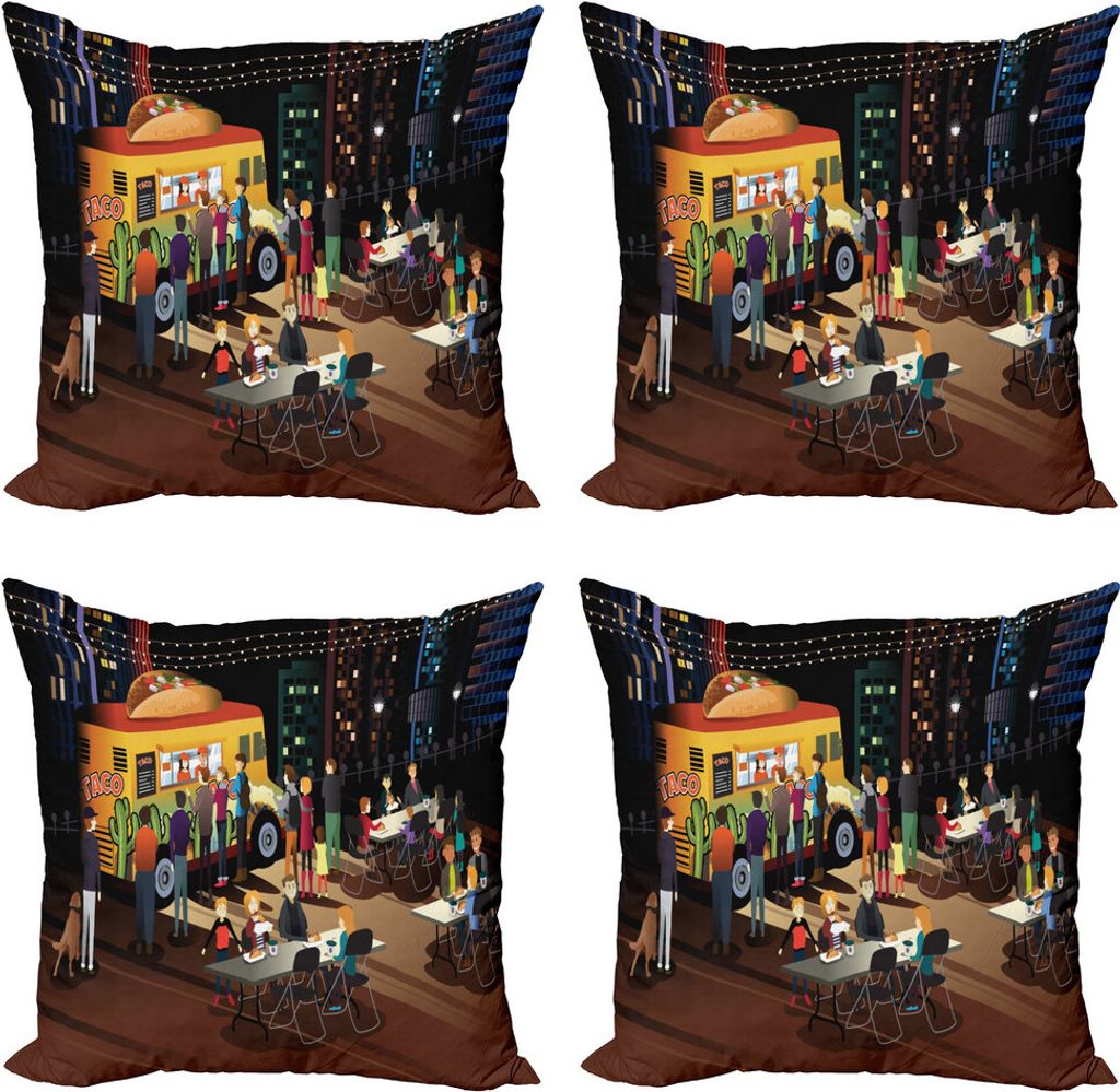 ABAKUHAUS Mexikaner Kissenbezug Set (4 Stück), Taco Truck hungrig Leute, Moderner Doppelseitiger Digitaldruck, 60 cm x 60 cm, Mehrfarbig