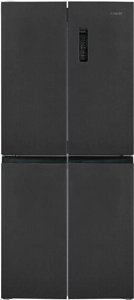 A front view of a dark gray, four-door refrigerator.