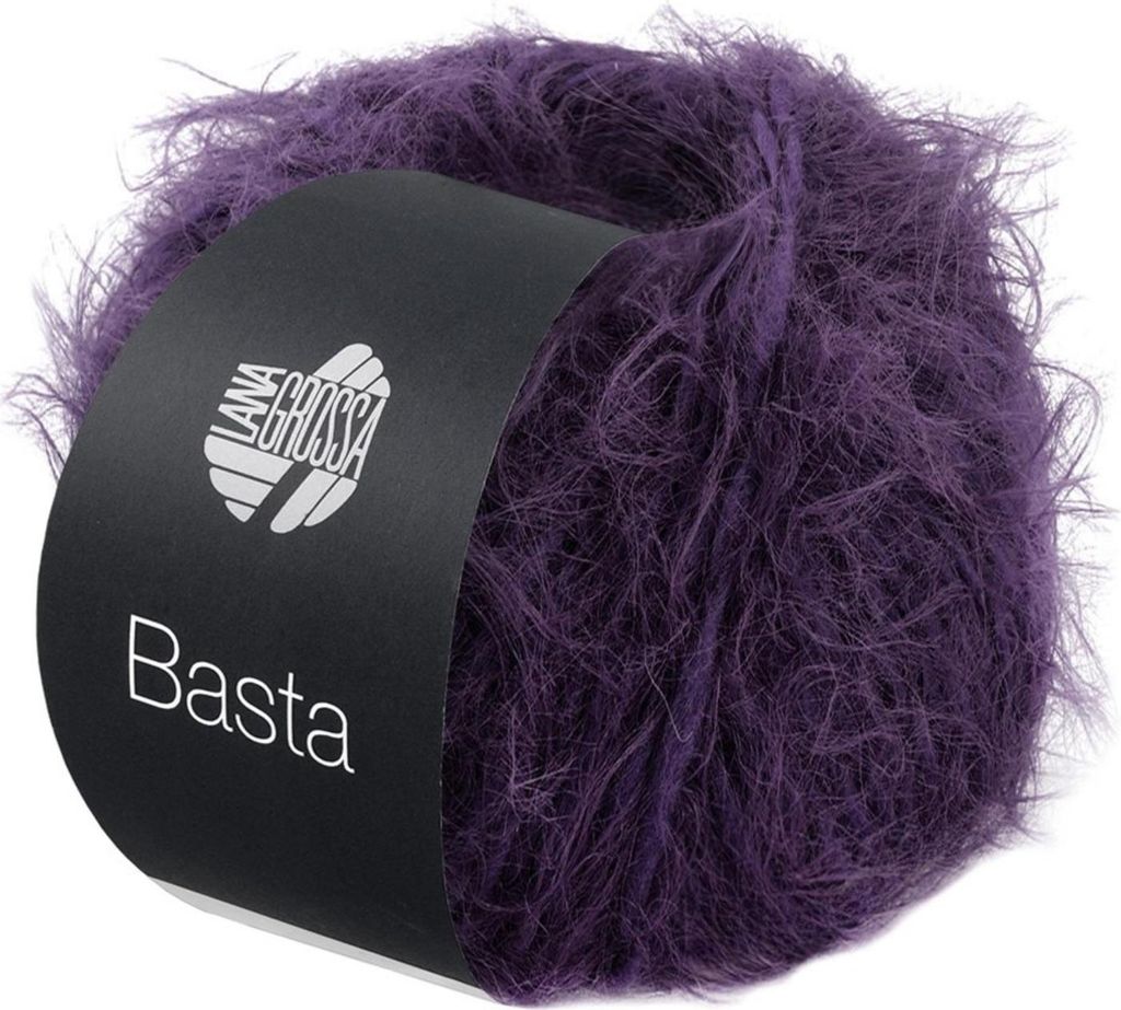 A ball of purple yarn with a black label.