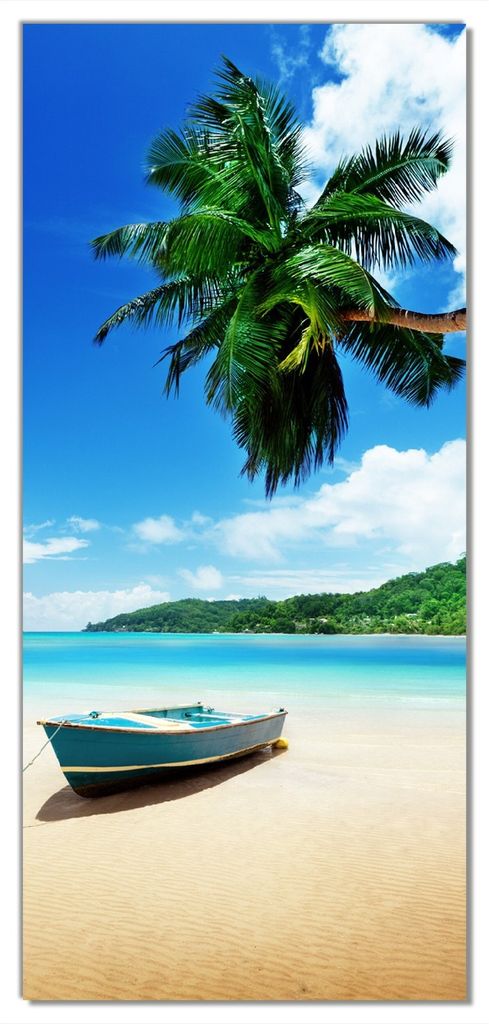 Wallario selbstklebende Türtapete 100 x 220 cm - Urlaub am Palmenstrand unter Palmen mit Fischerboot - Abwischbar, rückstandsfrei zu entfernen