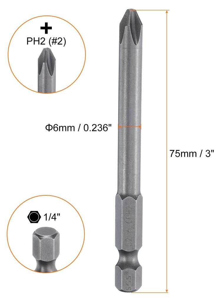 PH2 Phillips Schraubendreher Bit Set mit 1/4" Sechskantschaft, 6mm Stab 75mm Lang Magnetische Kreuzkopf Bitsatz S2 Stahl Bohrer Elektrowerkzeug fš...