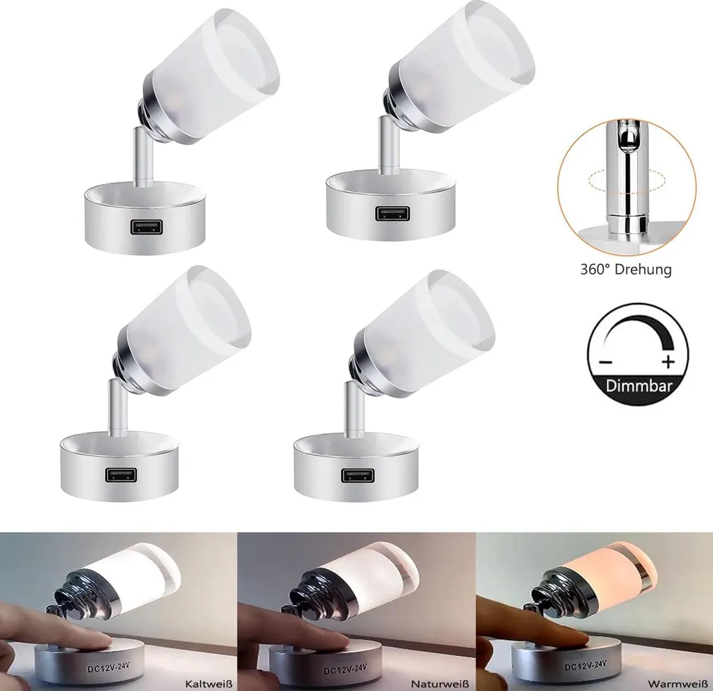Applique LED Design per Camper Barca - 4 Pezzi Dimmerabili Touch USB