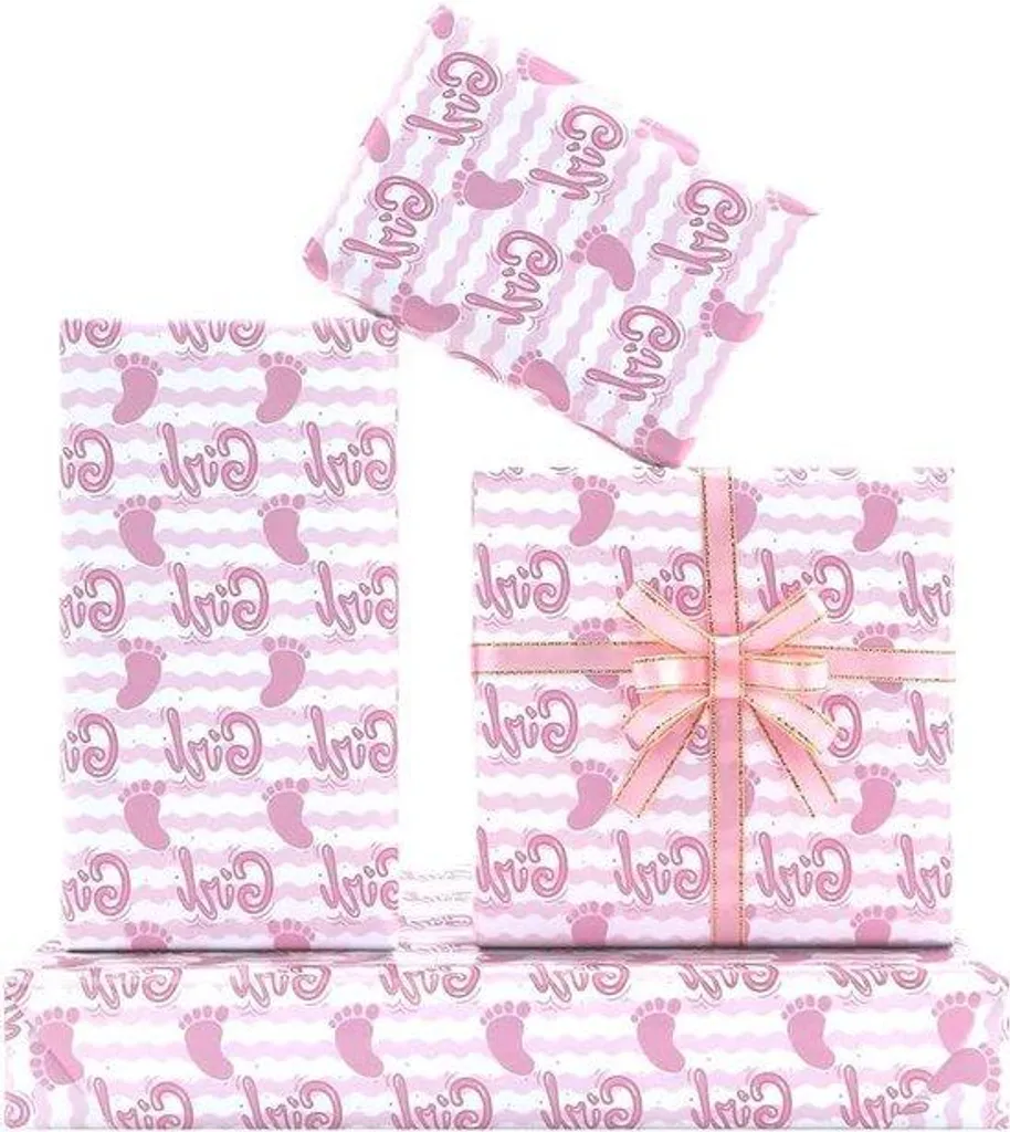 Papier cadeau pour baby shower et naissance fille, motifs roses 50x70