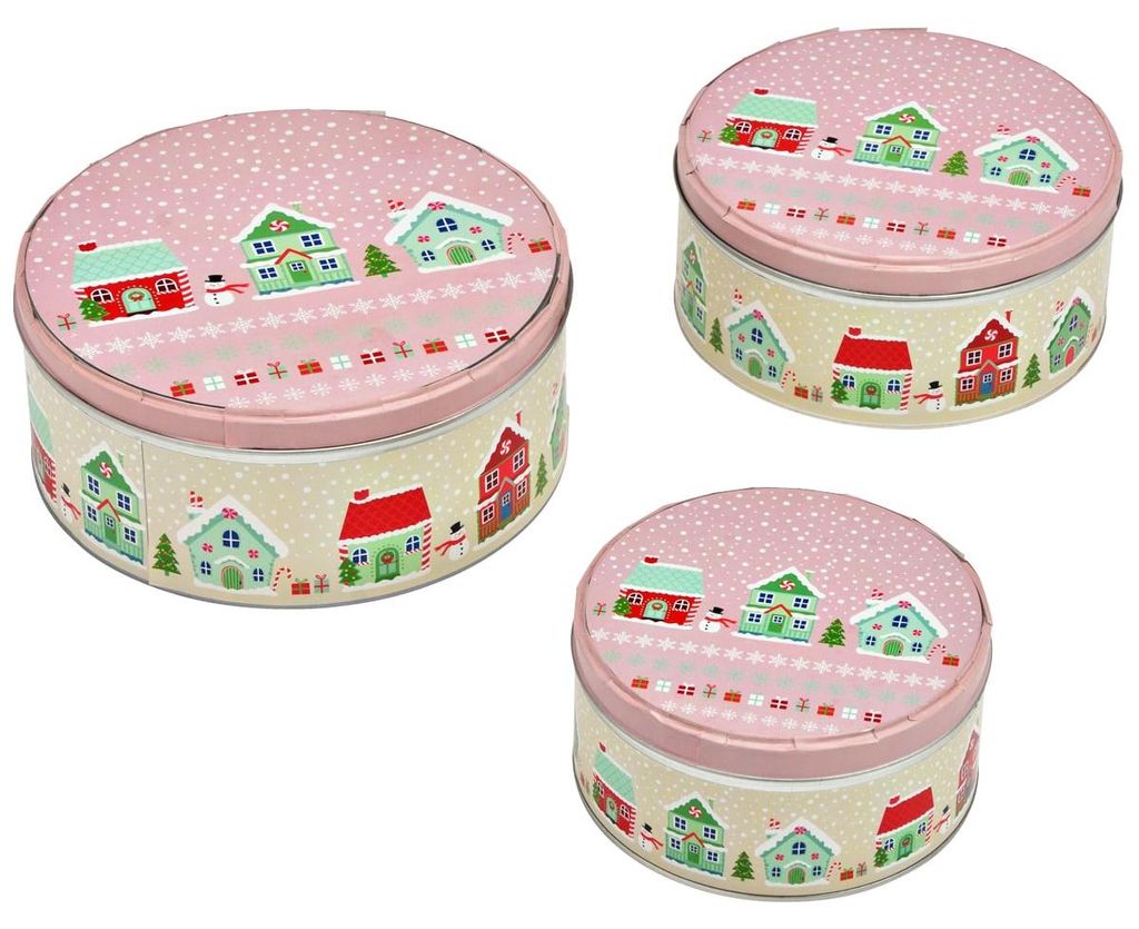 Grote metalen koekjestrommels, kerstdorp, set van 3, roze, Productafbeelding 