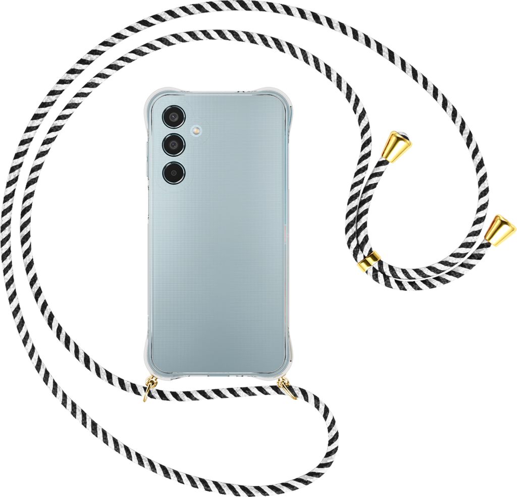 Handykette Backcover-Schutzhülle mit Band (Metall goldfarben) für Samsung Galaxy M35 5G - schwarz/weiß gestreift