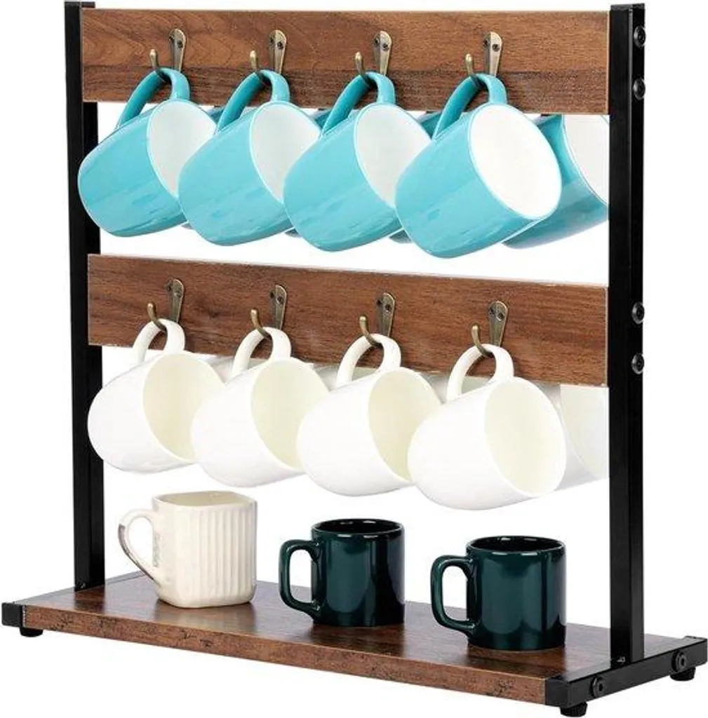 Porte-tasses mural vintage en bois 16 crochets robustes et déco
