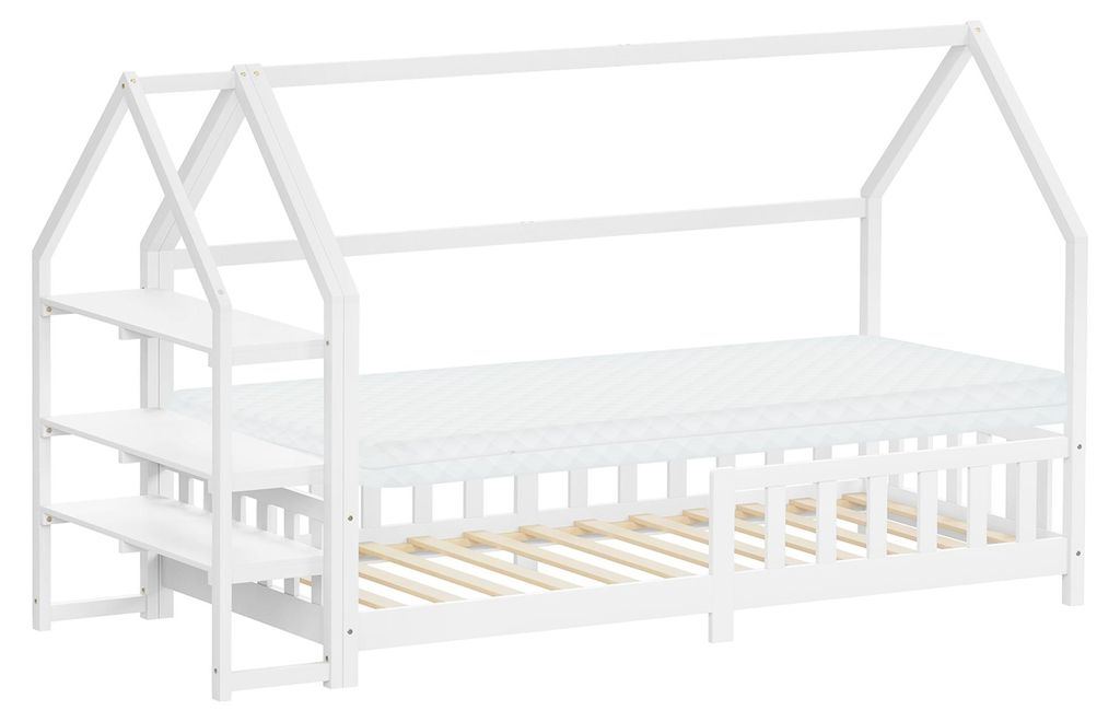 ML-Design Kinderbett 90x200cm mit Matratze H:10 Regal Rausfallschutz Dach & Lattenrost Montessori Bodenbett Kiefernholz Hausbett für Mädchen & Ju...