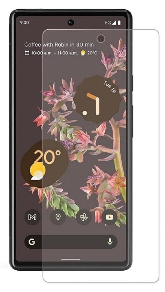 A screen protector is placed over a smartphone screen displaying a wallpaper and widgets.