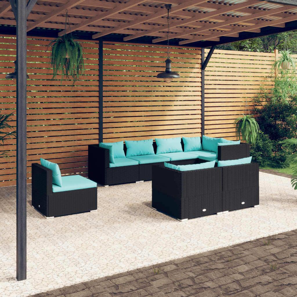 Möbel 8-tlg. Garten-Lounge-Set mit Kissen Poly Rattan Schwarz - Balkonmöbel 3102609