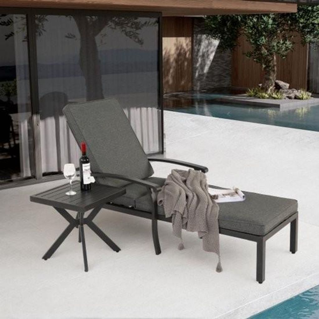 Lounge-Terrassenstuhl mit Baumwollkissen, verstellbare Sonnenliege, rostfreie Aluminium-Poolliege, wasserdichtes graues Kissen (1 Stk.)