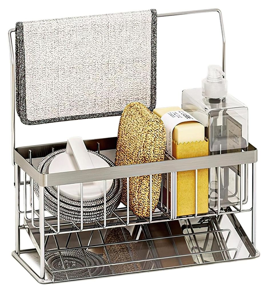 Küchenregal mit Abtropfschale, schmalem Schwammhalter, Aufbewahrungsbox aus Edelstahl mit Stoffablage, geeignet für Küche, Badezimmer und Balkon.