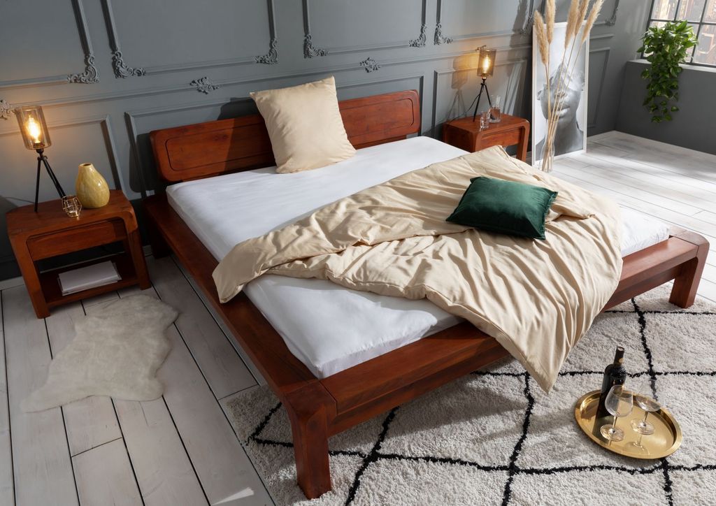 MASSIVMOEBEL24 Bett Akazie 140x200x80 honig lackiert BUENO #023