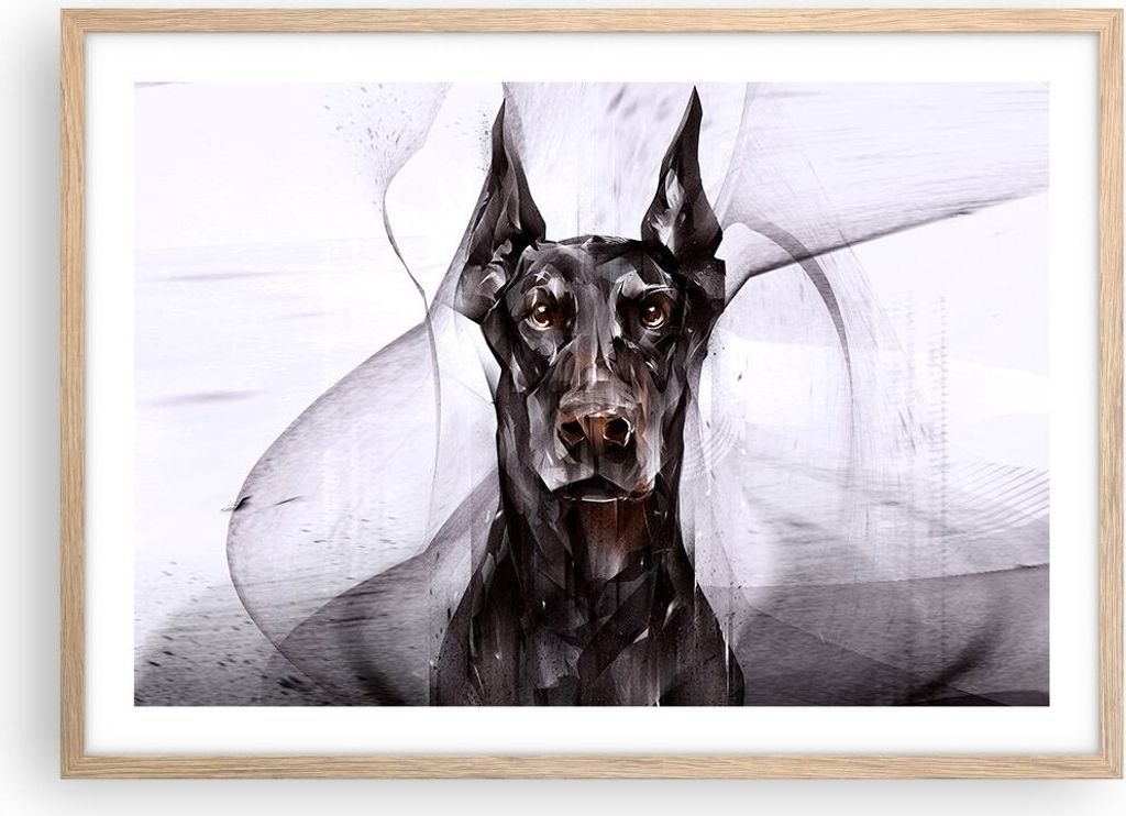 Gerahmtes Poster - Rahmen in heller Eiche - Hund Abstraktion - 70x50 cm - Wand Bild - Wanddeko - Wandbilder - Kunstposter - Wandposter - Bilderrahm...