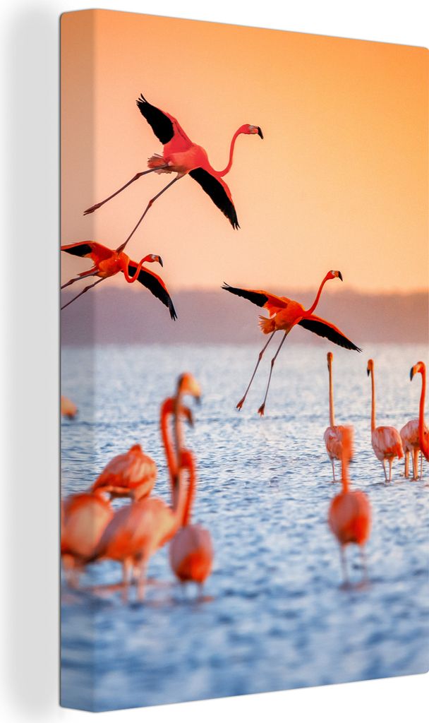 OneMillionCanvasses - Leinwandbilder - 90x140 cm, Vogel - Flamingo - Wasser - Sonnenuntergang - Rosa, Wandbilder Kunstdruck Wanddekoration - Foto...