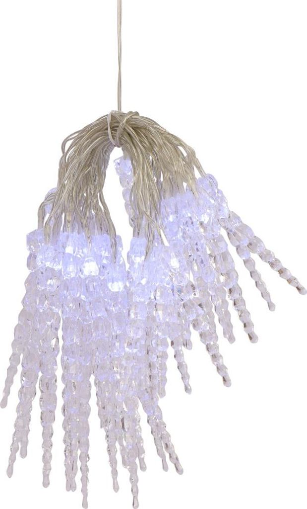 A string of white LED icicle lights against a white background.