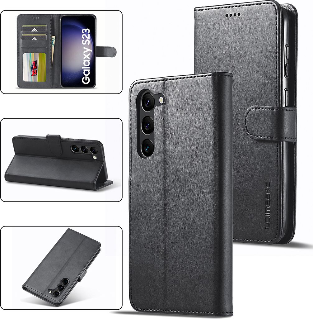 Collage of images showing a black leather flip case for a Samsung Galaxy S23 phone from different angles and in different configurations.