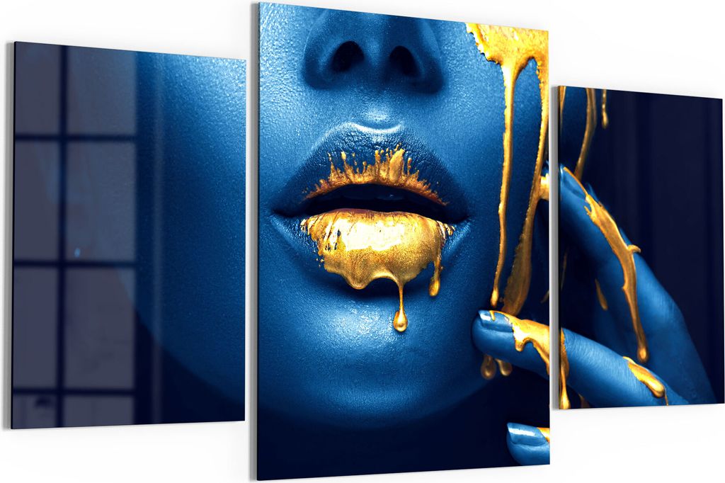 DEQORI Glasbilder 3-tlg 140x80 cm 'Flüssiges Gold auf Haut' Wandbilder XXL groß