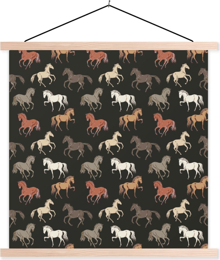 MuchoWow Textilposter Pferde - Schwarz - Muster - Mädchen - Kinder - Mädchen 60x60 cm mit holzfarbenen Rahmen - Wanddekoration