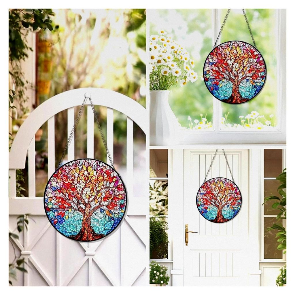Buntglas Fensterdeko Hängender Bunter Baum des Lebens, Suncatcher