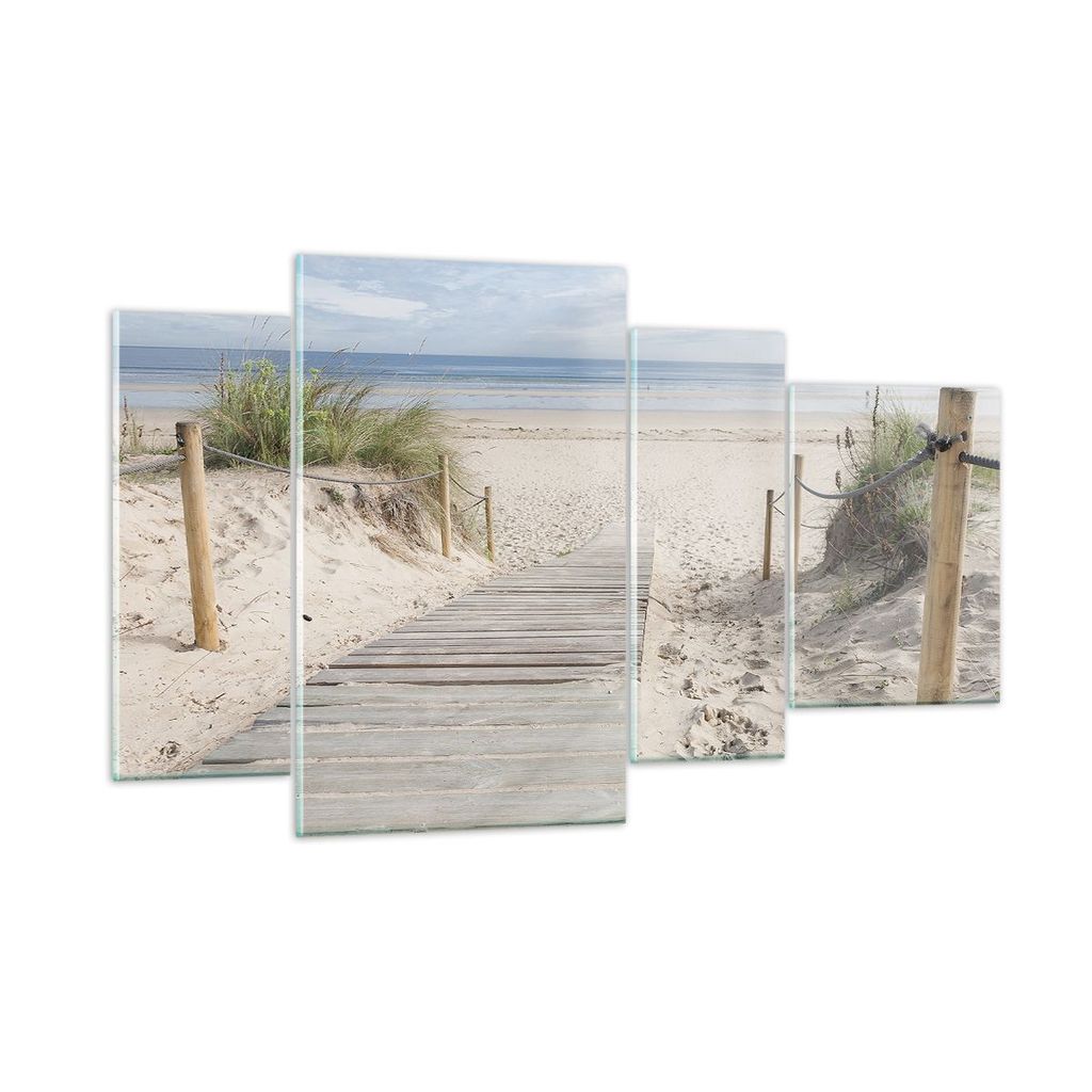 Bilder auf glas - 4 Teile - Strand Düne Eintritt - 120x70cm - Glasbilder - Wandbilder - Bilder - zum Aufhängen bereit - Wanddekoration aus Glas -...
