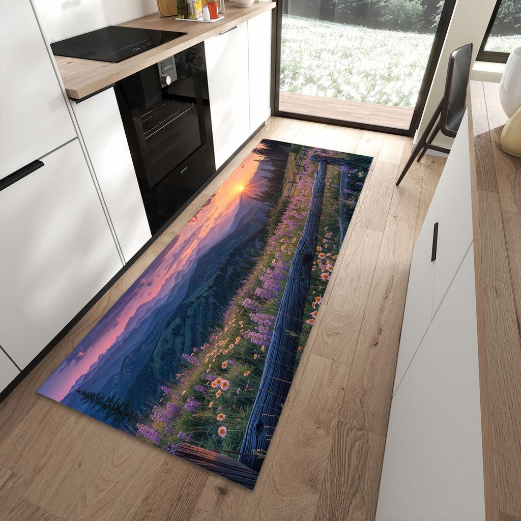 Küchenteppich 90x240cm rutschfest & abwischbar PVC Läufer - Sonnenuntergang Wiese